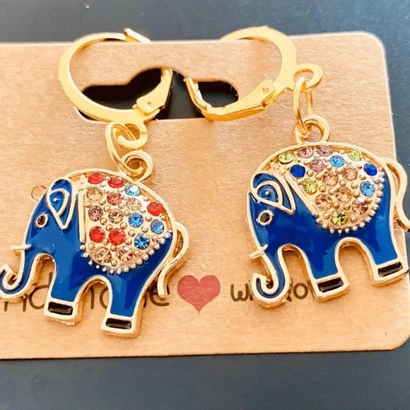 Cute and Colorful Sparkly Blue elephant Rhinestone Women's Fashion earrings set - Picture 1 of 3